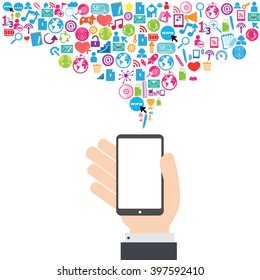 Smart phone and cloud technology with social network icons background 