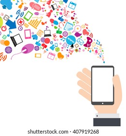 Smart phone and cloud technology with social network icons background