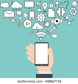 Smart phone and cloud technology with social network icons background