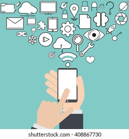 Smart phone and cloud technology with social network icons background, icon line