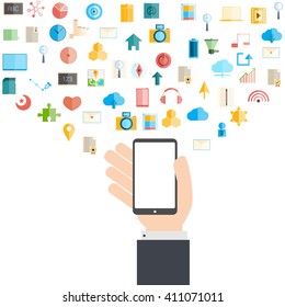 Smart phone and cloud technology with social network icons background