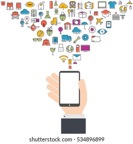 Smart phone and cloud technology with social network icons background