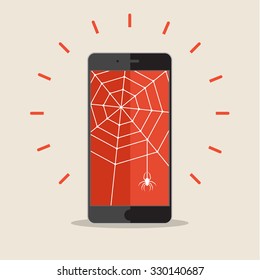 Smart phone with cobweb and spider. Concept of criminal hacker. Flat style modern design vector illustration