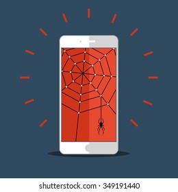 Smart phone with cobweb and spider. Concept of criminal hacker. Flat style modern design vector illustration