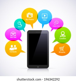 Smart phone with colorful speech bubbles.