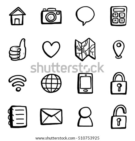 smart phone and computer  icons, black and white, objects or set/ cartoon vector and illustration, hand drawn style, isolated on white background.