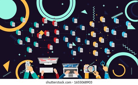 Smart phone, Computer,Laptop,Tablet, Smartwatch in hands businessman and folder icon.modern design Idea concept. flat vector illustration.background geometric shapes.