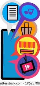 A smart phone concept illustration. People do almost everything with smartphone. Watching video, listening music, shopping, selling and buying online. Cartoon vector illustration.