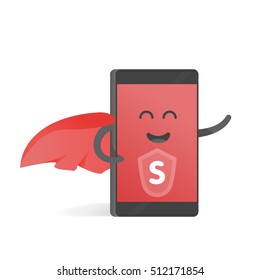 Smart phone concept of superhero with a red cape. Cute Cartoon character phone with hands, eyes and smile.