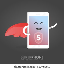 Smart phone concept of superhero with a red cape. Cute Cartoon character phone with hands, eyes and smile