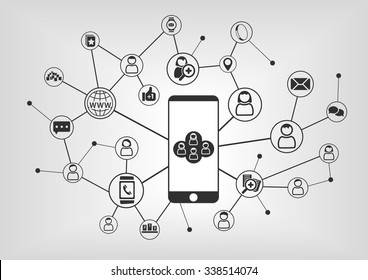 Smart phone to connect to social network. Connected devices and people as vector illustration with icons