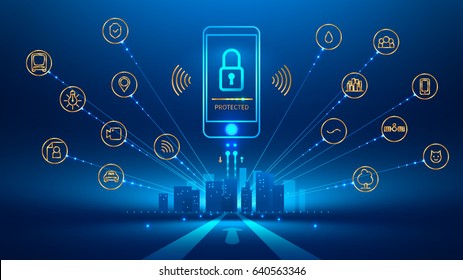 smart phone connection with a smart city. the icon lock on the mobile phone screen. Mobile security, secure wireless connection. The connection is protected. Future concept. Vector illustration.