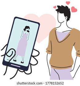 smart phone with couple virtual relationship vector illustration desing