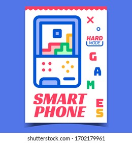 Smart Phone Creative Advertising Banner Vector. Phone Device For Playing Video Games. Electronic Gadget With Screen And Remote Buttons Concept Template Stylish Colorful Illustration