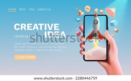 Smart phone creative idea, start up rocket, team work screen banner. Vector illustration