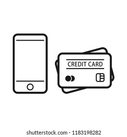 Smart phone with credit card icons. Flat simple design. Line Vector. Isolate on white background.