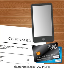Smart Phone  and Credit Cards, Bill, Concept Idea on Wood Background. Vector illustration.