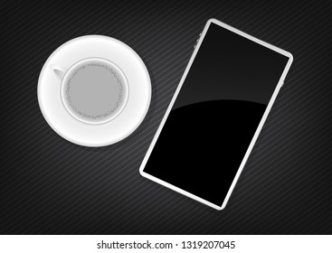 Smart phone, cup of coffee on a dark striped background, flat lay, top view. Vector illustration - Vector graphics