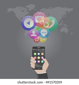 Smart phone device concept with application, app, icons. Flat design. Vector illustration