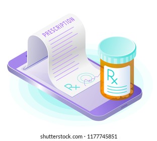 The smart phone, doctor online writes the medical prescription, pill bottle. Flat vector isometric illustration. The  online medicine, mobile healthcare, health concept.