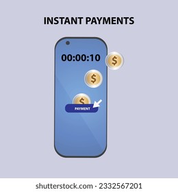 Smart phone with dollar coins and the text instant payments