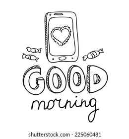 Smart phone doodle with heart and candy.