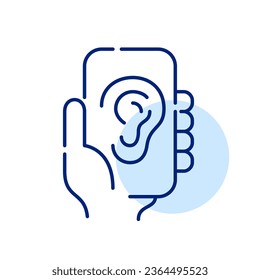 Teléfono inteligente con icono de oído. Aplicación de reconocimiento de voz. Icono perfecto de píxeles
