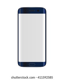 Smart phone with edge display design. Dark blue color with blank white display.