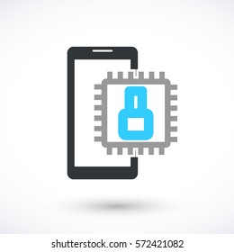 Smart phone with eight cores. Vector icon. Graphic symbol for web design, logo. Isolated sign on a white background.