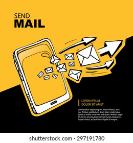 Smart phone and envelope - sms and mail concept picture. Hand drawn series of the flying letters with arrows to right direction. Yellow Background with place for your text