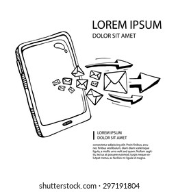 Smart phone and envelope - sms and mail concept picture. Hand drawn series of the flying letters with arrows to right direction. Background with place for your text