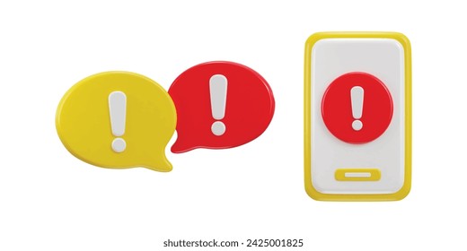 smart phone with exclamation sign 3d warning danger alert vector icon illustration set