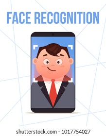 Smart phone face recognition design. Vector flat cartoon illustration
