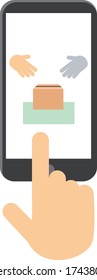 A smart phone and a finger and a display about the delivery of luggage.
