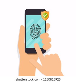 Smart phone fingerprint security access. Flat design modern vector illustration concept.