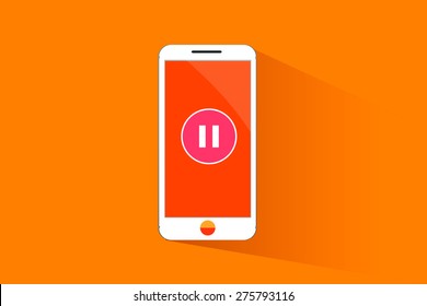 Smart phone flat design with pause icon.