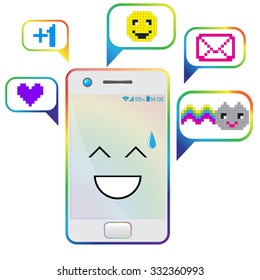 Smart phone Flat Designs with cute cartoon faces and massages. Vector illustration