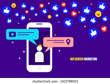 Smart phone flat design,vector illustration. Bubble chat massage, like,share,love,check in,play video icons on vivid blue color background. Influencer marketing strategy and social network concept.