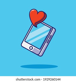 Teléfono inteligente con icono de corazón flotante ilustración de estilo de caricatura plana para web, página de inicio, banner, volante, pegatina, anuncios, publicidad sobre fondo azul