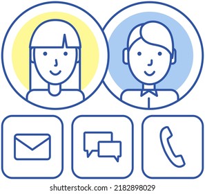Teléfono inteligente con botones de función, llamada entrante, correo electrónico y chat. La gente se enfrenta a un avatar en la pantalla. Ilustración de redes de mensajería de medios sociales. Conversaciones telefónicas e intercambio de información