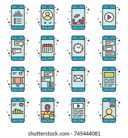 Smart phone functions and apps vector icon set in outline style. Mobile collection sign colorful line illustration.
