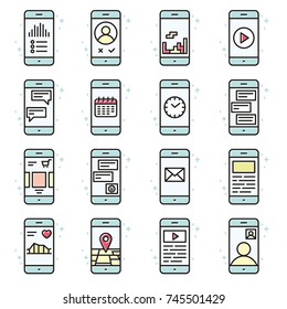 Smart phone functions and apps vector icon set in outline style. Mobile collection sign colorful line illustration.
