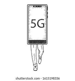 Smart phone gadget 5G walks on its feet sketch engraving vector illustration. T-shirt apparel print design. Scratch board imitation. Black and white hand drawn image.