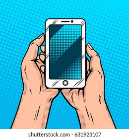 Smart Phone Gadget In Hands Comic Book Pop Art Retro Style Vector Illustration