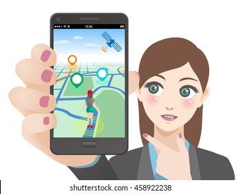 smart phone game application using location information, young woman holding smart phone and pointing screen, vector illustration