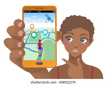 smart phone game application using location information, young woman holding smart phone and pointing screen, vector illustration