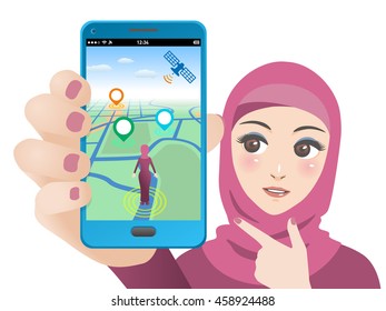 smart phone game application using location information, muslim woman holding smart phone and pointing screen, vector illustration