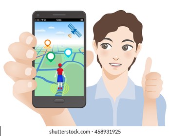 smart phone game application using location information, young man holding smart phone and giving thumb up sign, vector illustration