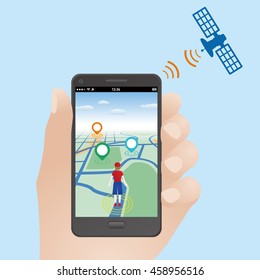 smart phone game application using location information, hand hold smart phone, vector illustration