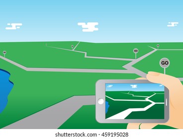 smart phone game application using location information, hand hold smart phone, vector illustration